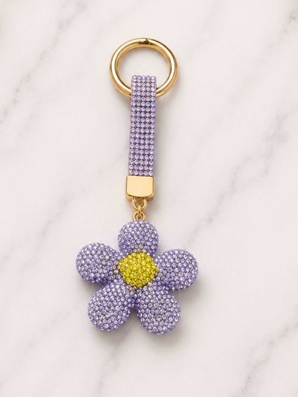 Bag Charm/Keyring-Purple Rhinestone Daisy with Yellow Stone Center-Gold Hardware